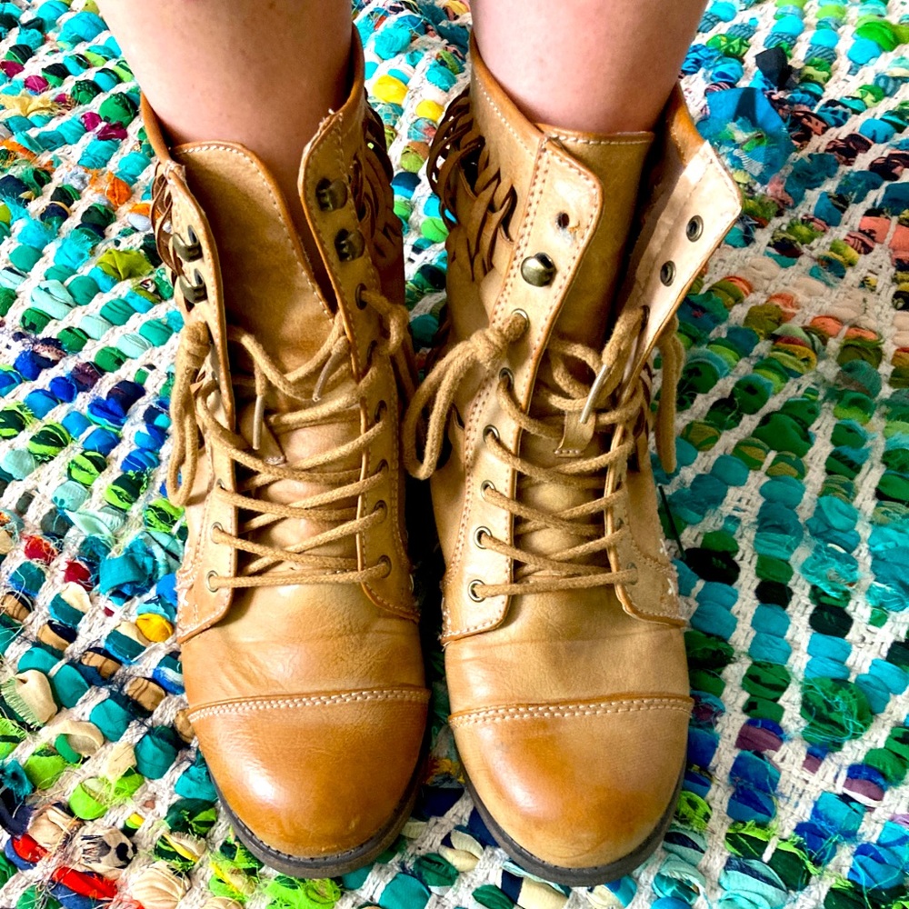 Tan Lace Up Boots with CutOut/Braided detail